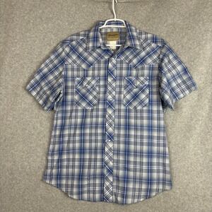 Wrangler Shirt Mens Sz L Blue Plaid Pearl Snap Sawtooth Western Cowboy Rodeo
